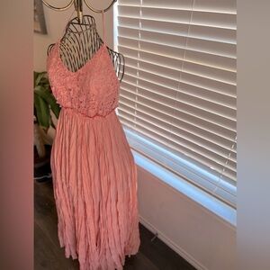 Women’s medium crochet top coral/pink maxi dress with open back and frayed hem
